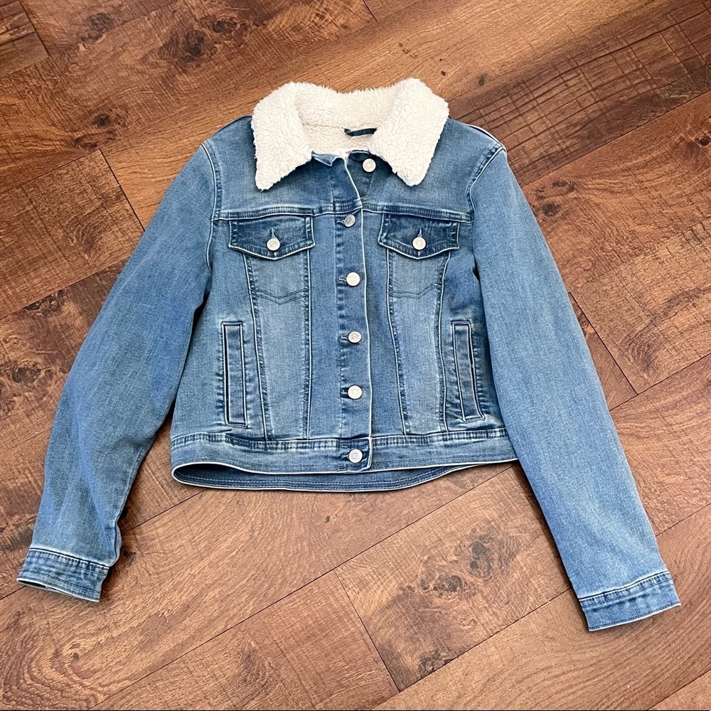 Justice girls blue jeans jacket w/faux fur white Sz 14/16